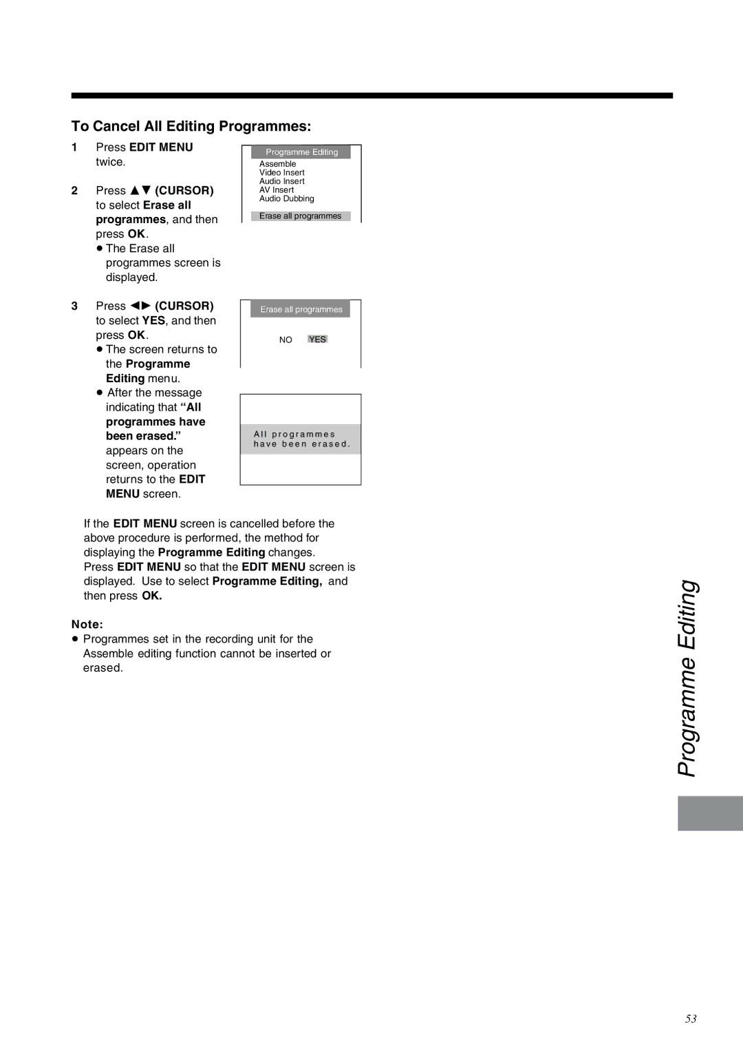 Panasonic NV-DV2000EC To Cancel All Editing Programmes, Twice, To select Erase all, Programmes , and then 