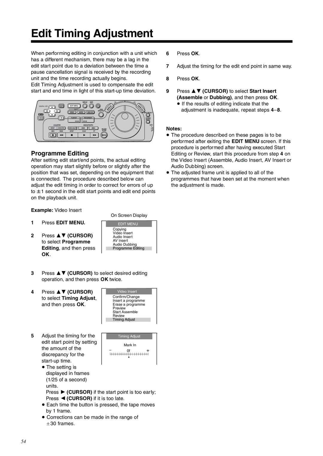 Panasonic NV-DV2000EC Edit Timing Adjustment, To select Timing Adjust, Adjust the timing for, Edit start point by setting 