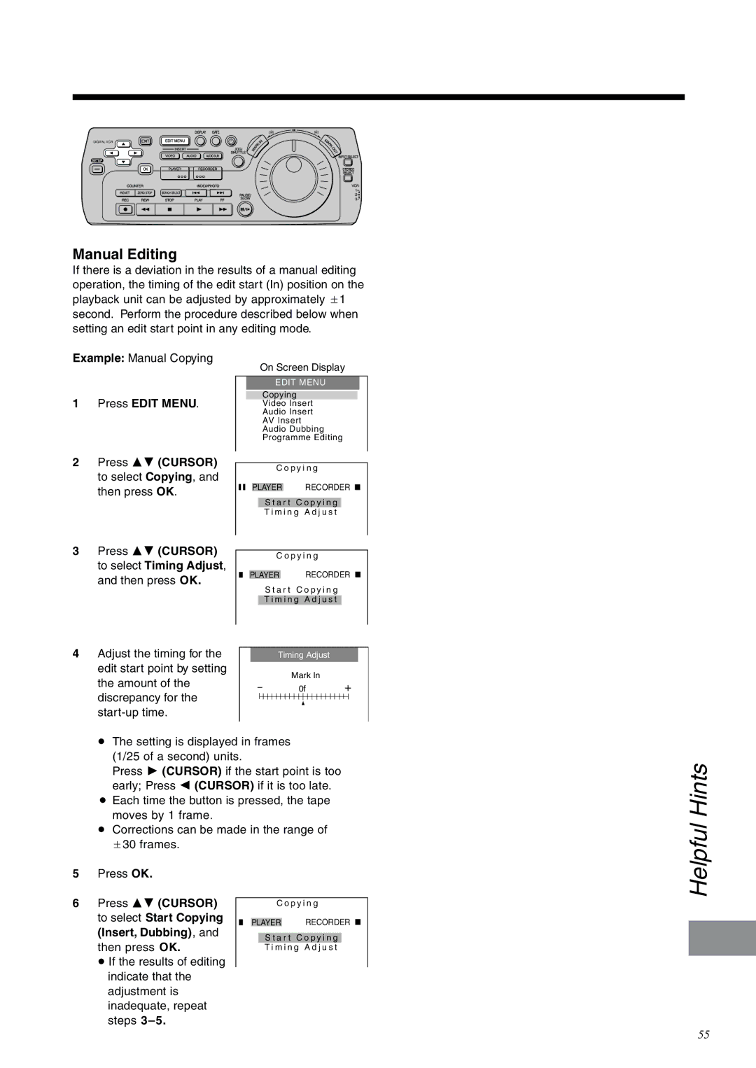 Panasonic NV-DV2000EC operating instructions Helpful Hints, Manual Editing 