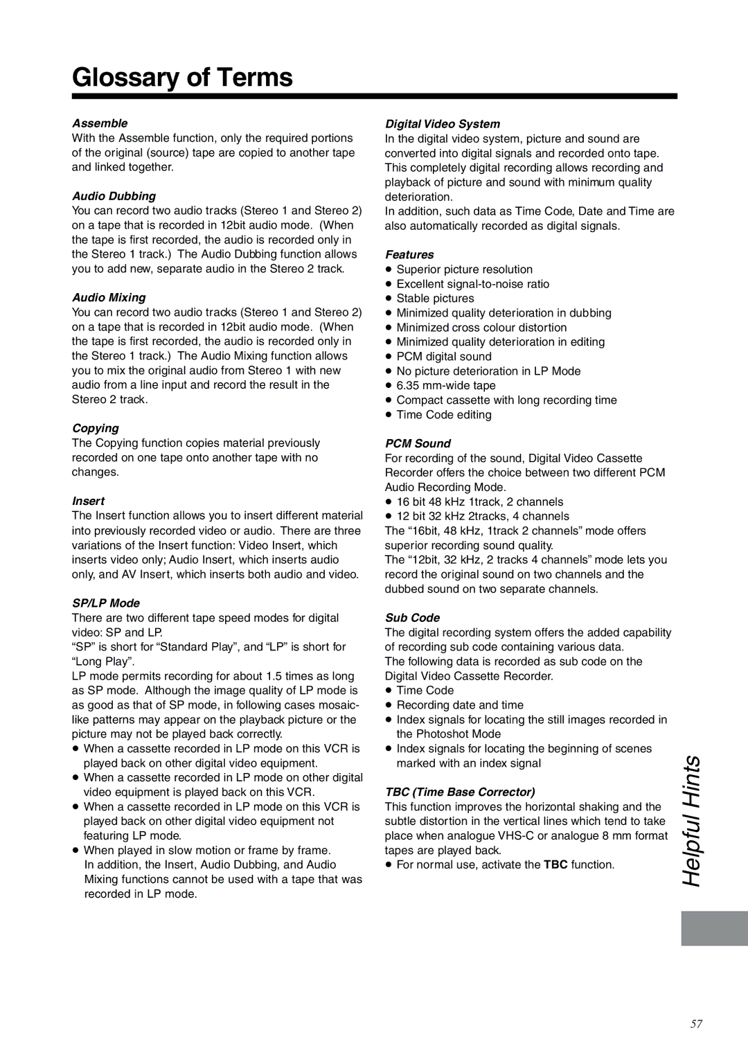 Panasonic NV-DV2000EC Glossary of Terms, Marked with an index signal, This function improves the horizontal shaking 