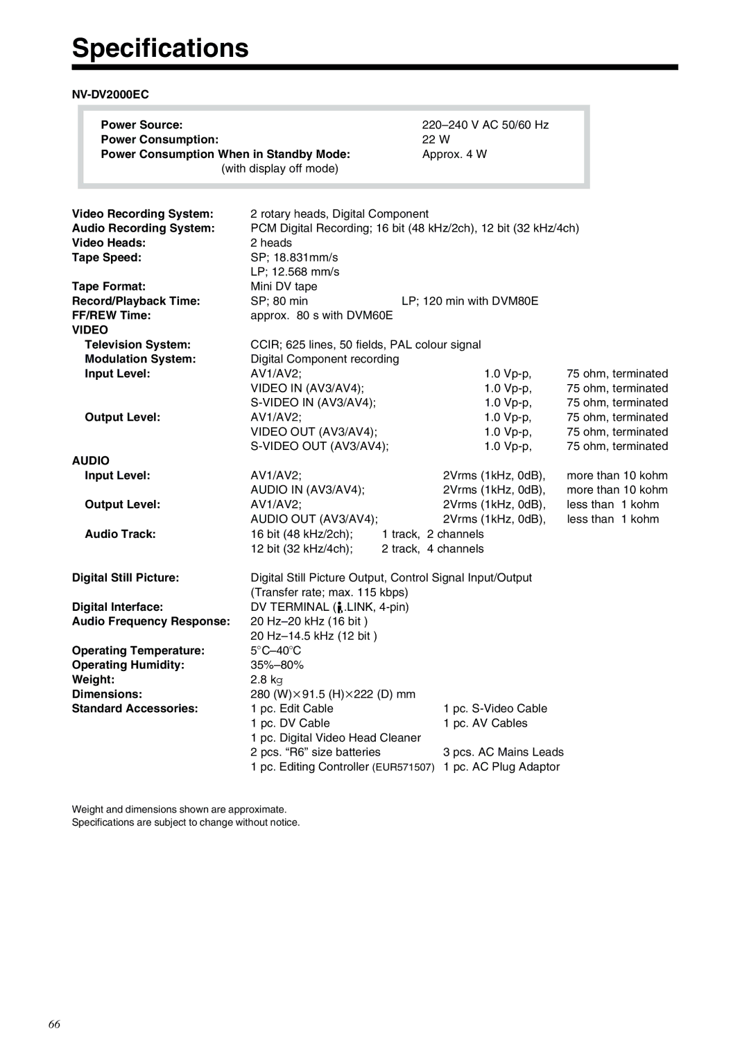 Panasonic NV-DV2000EC operating instructions Specifications 