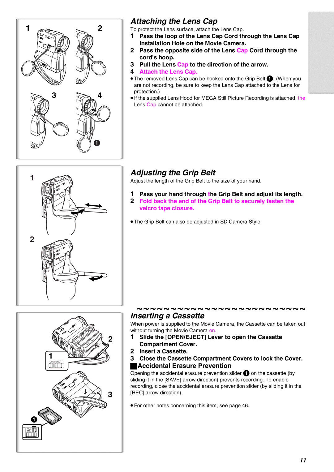 Panasonic NV-EX21EG Attaching the Lens Cap, Adjusting the Grip Belt, Inserting a Cassette, ªAccidental Erasure Prevention 