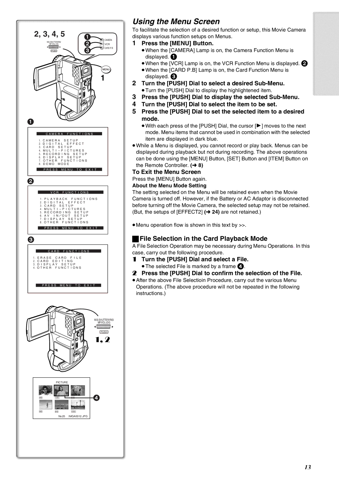 Panasonic NV-EX21EG operating instructions Using the Menu Screen, File Selection in the Card Playback Mode 