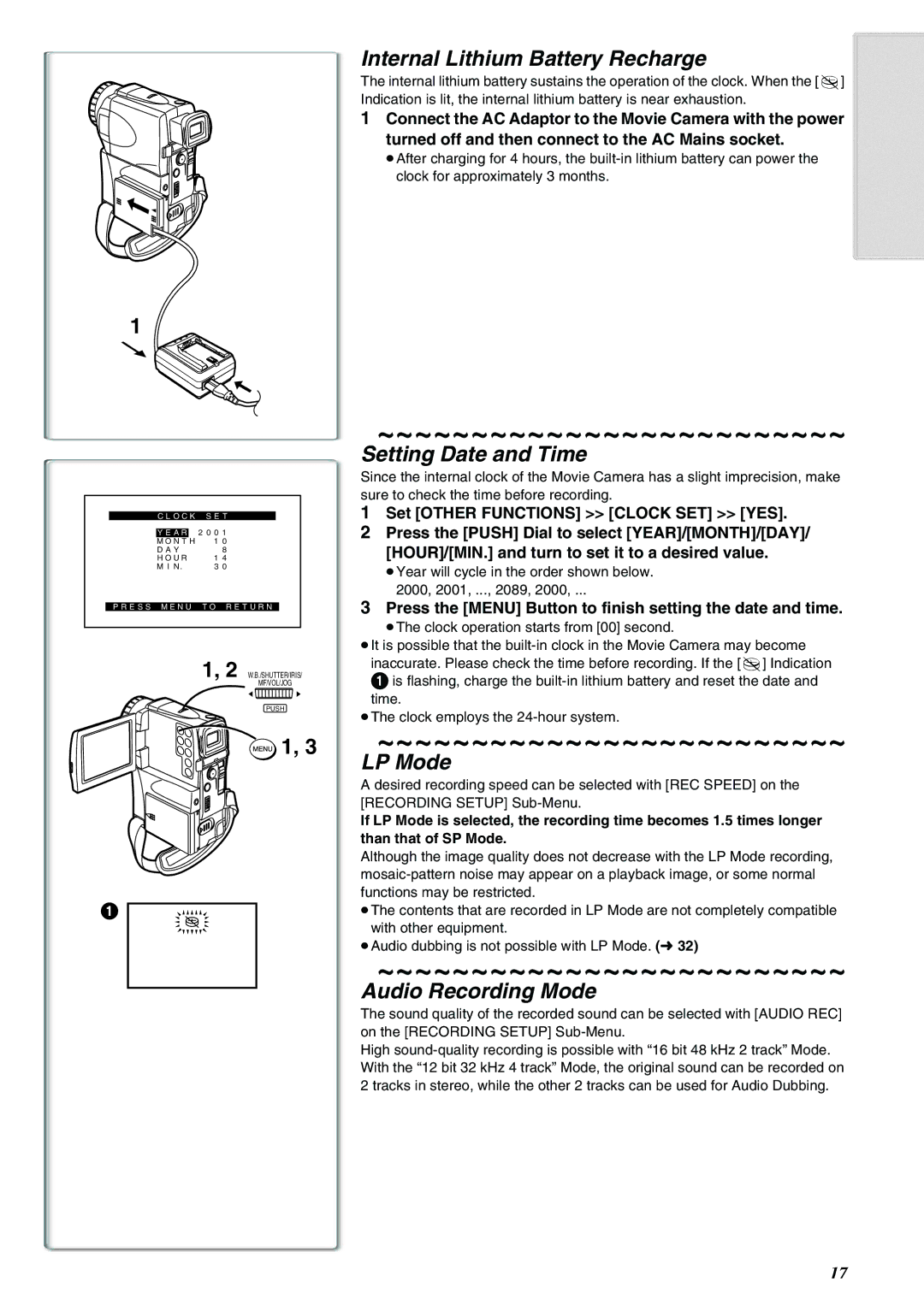 Panasonic NV-EX21EG Internal Lithium Battery Recharge, Setting Date and Time, LP Mode, Audio Recording Mode 