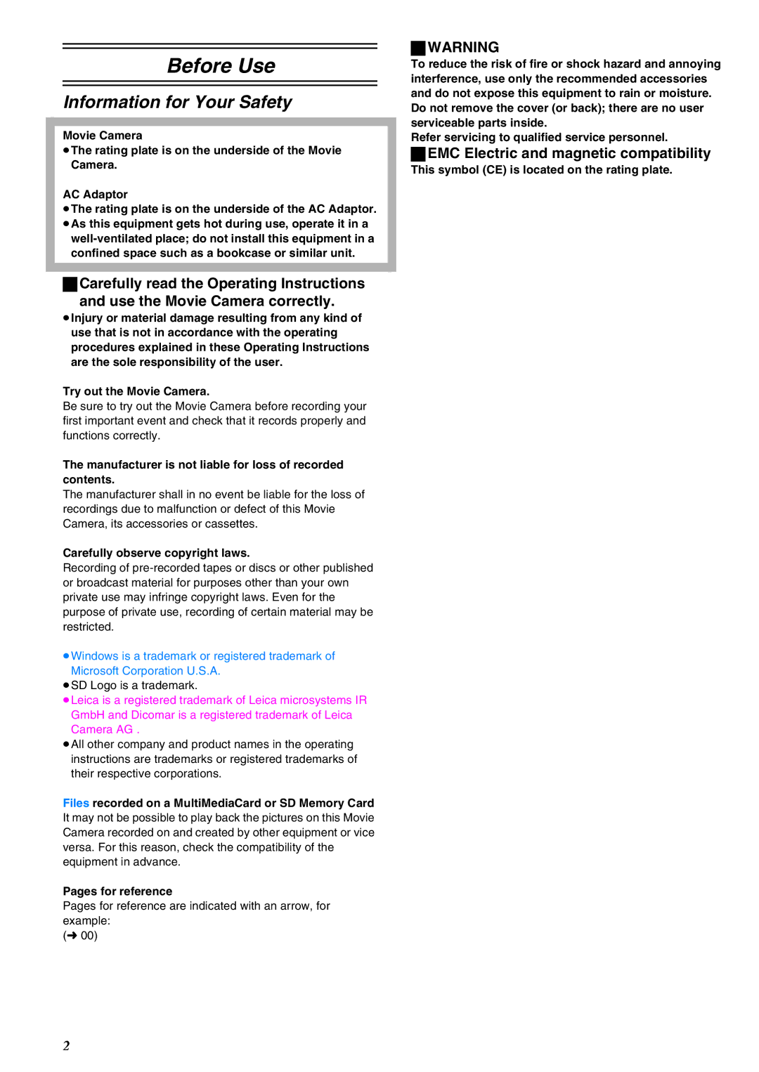 Panasonic NV-EX21EG operating instructions Information for Your Safety, EMC Electric and magnetic compatibility 