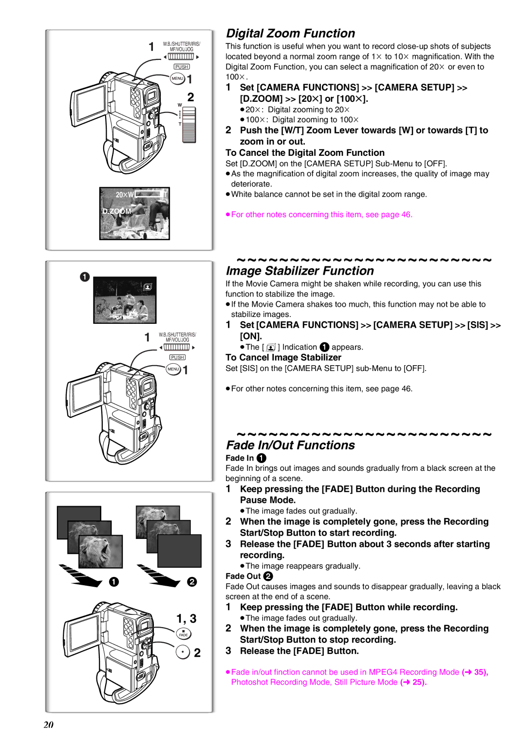 Panasonic NV-EX21EG operating instructions Digital Zoom Function, Image Stabilizer Function, Fade In/Out Functions 