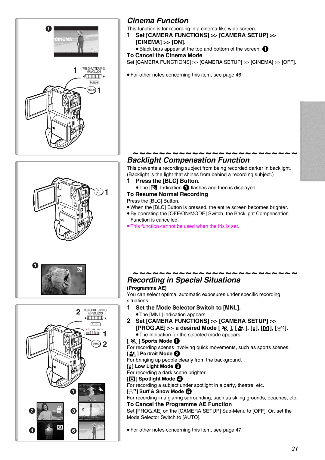 Panasonic NV-EX21EG Cinema Function, Backlight Compensation Function, Recording in Special Situations 