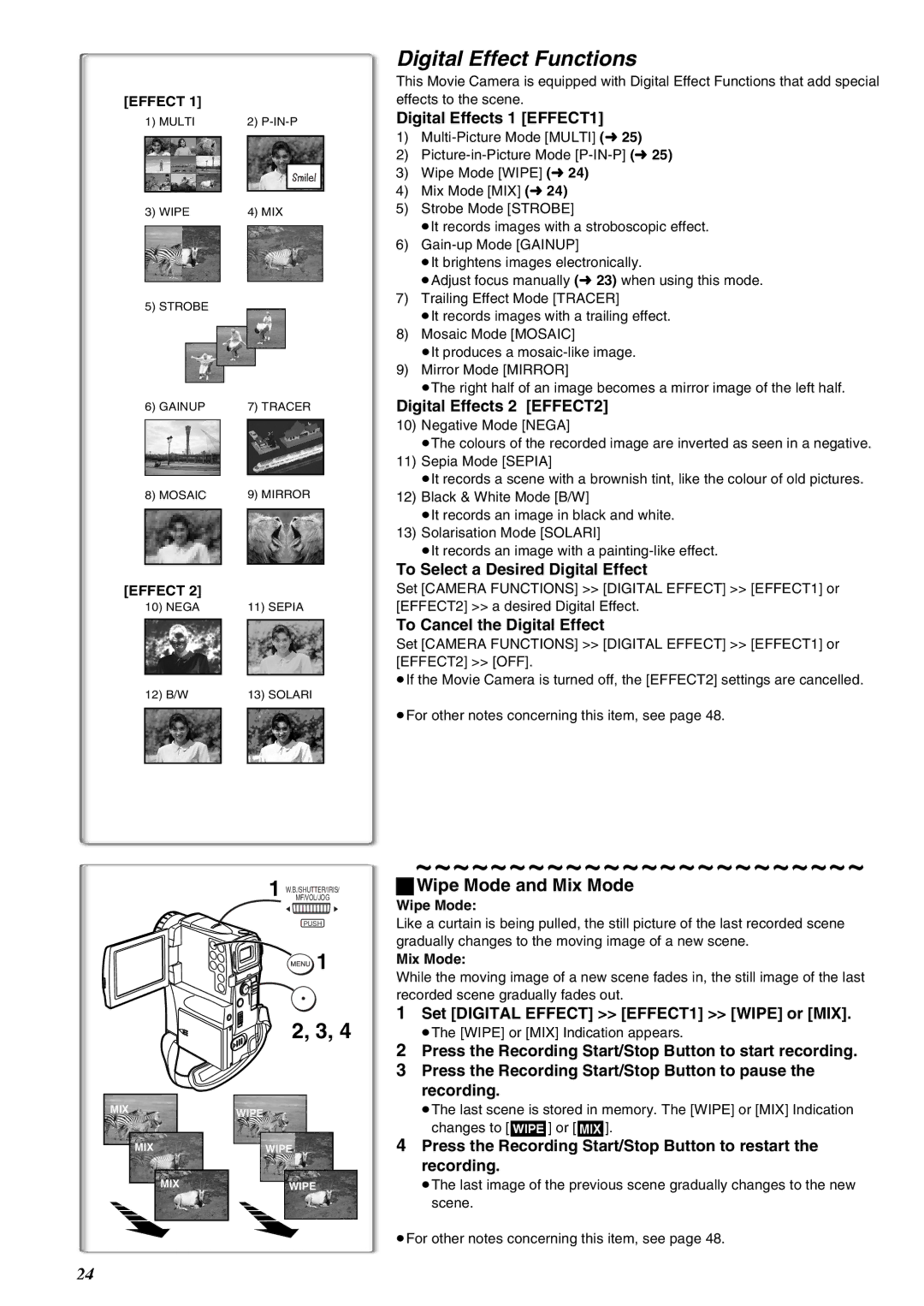 Panasonic NV-EX21EG operating instructions Digital Effect Functions, Wipe Mode and Mix Mode 