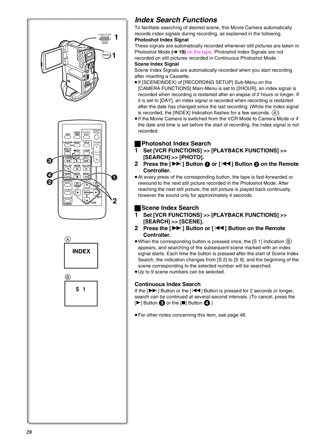 Panasonic NV-EX21EG Index Search Functions, Photoshot Index Search, Scene Index Search, Continuous Index Search 