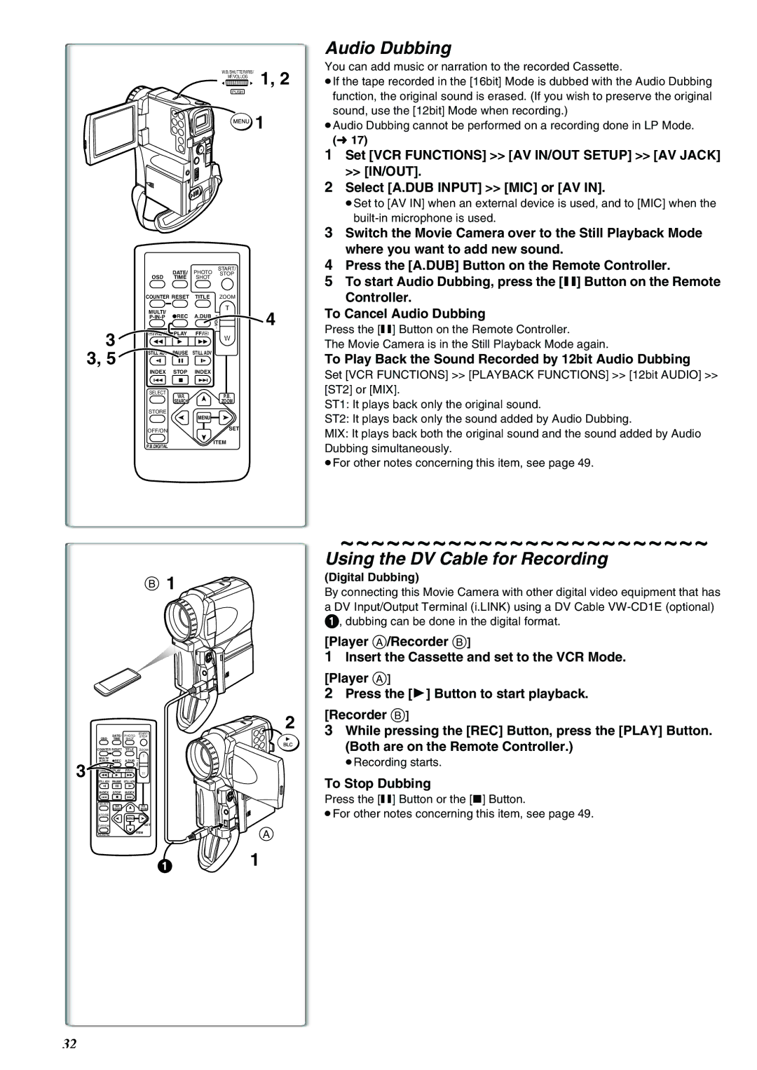 Panasonic NV-EX21EG operating instructions Audio Dubbing, Using the DV Cable for Recording 