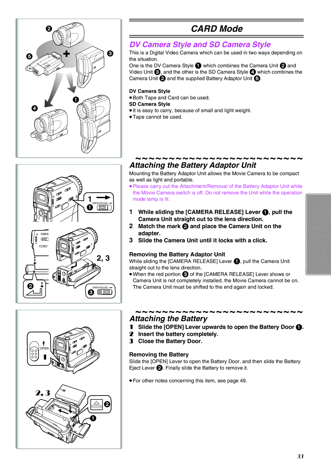 Panasonic NV-EX21EG Attaching the Battery Adaptor Unit, Removing the Battery, DV Camera Style, SD Camera Style 