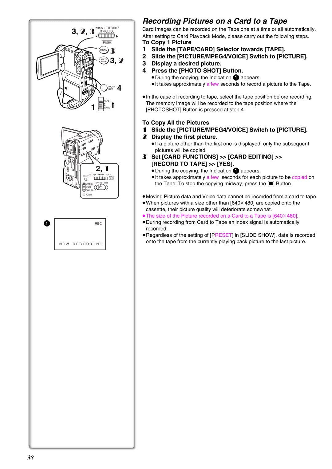 Panasonic NV-EX21EG operating instructions Recording Pictures on a Card to a Tape, Record to Tape YES 