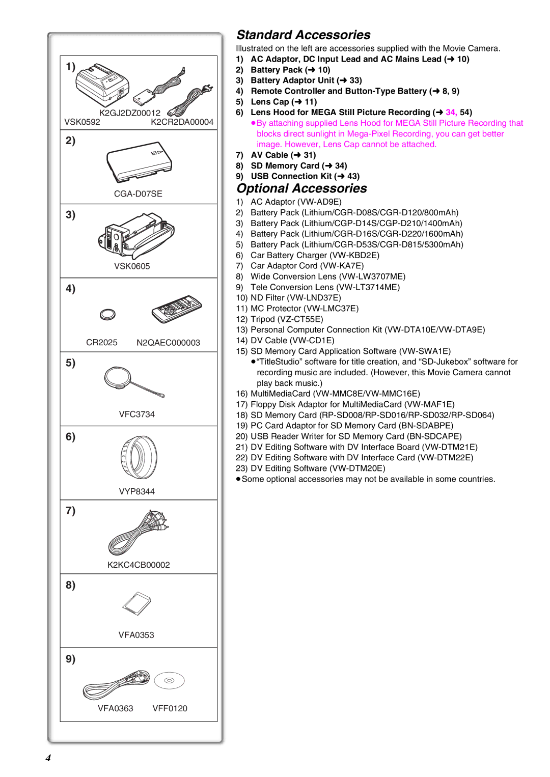 Panasonic NV-EX21EG Standard Accessories, Optional Accessories, AV Cable l31 SD Memory Card l34 USB Connection Kit l43 