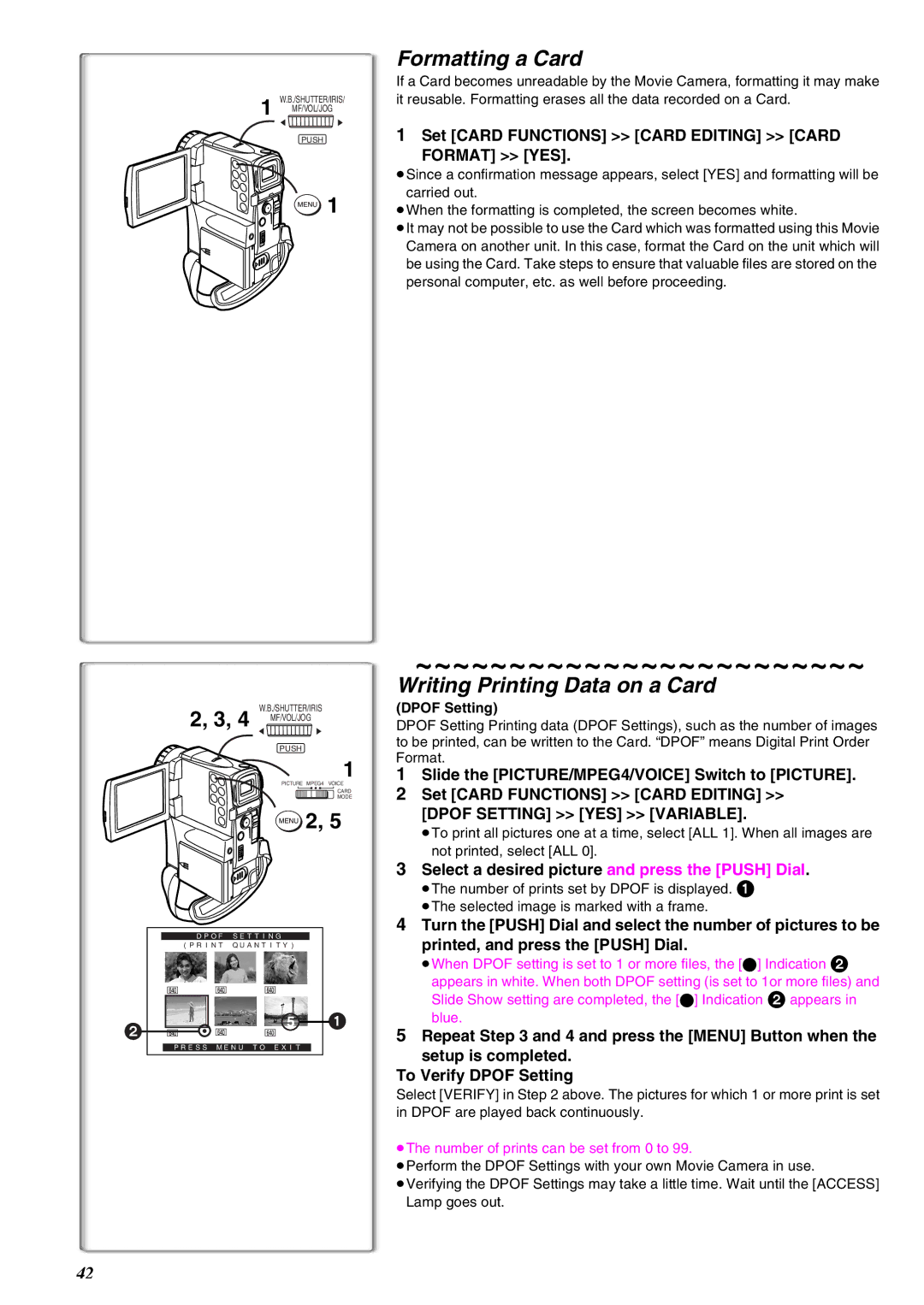 Panasonic NV-EX21EG Formatting a Card, Writing Printing Data on a Card, Set Card Functions Card Editing Card, Format YES 