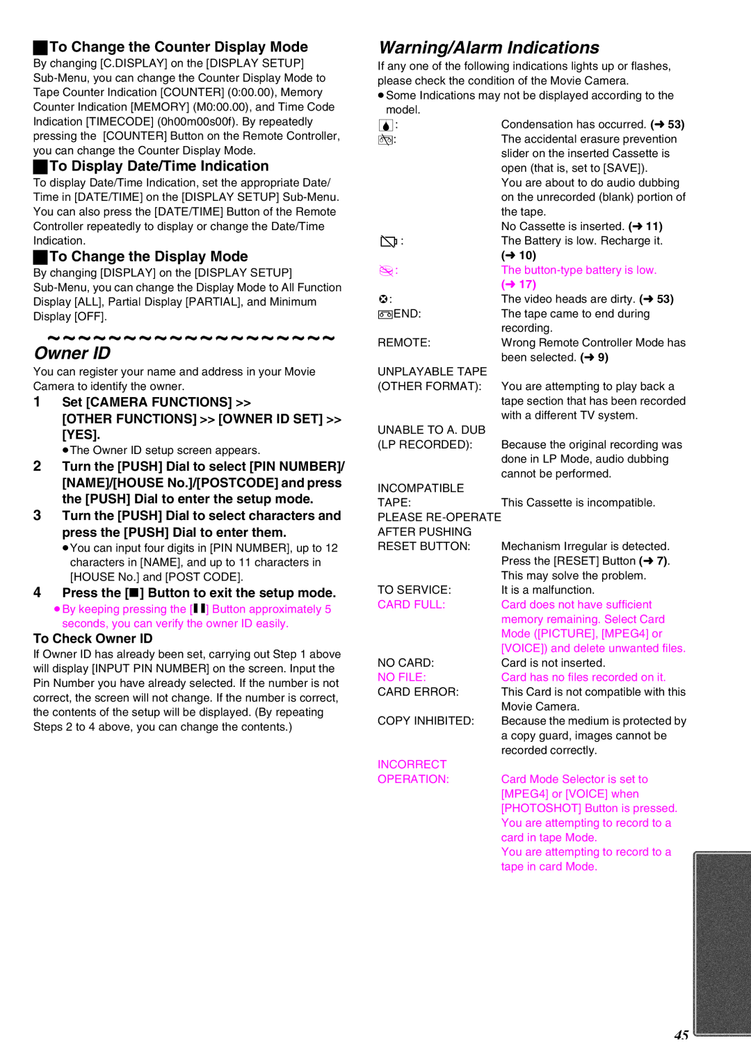 Panasonic NV-EX21EG operating instructions Owner ID, To Change the Counter Display Mode, To Display Date/Time Indication 