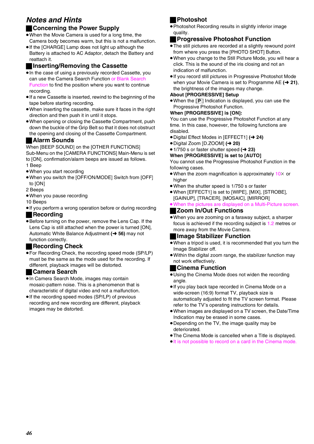 Panasonic NV-EX21EG Concerning the Power Supply, Inserting/Removing the Cassette, Alarm Sounds, Recording Check 