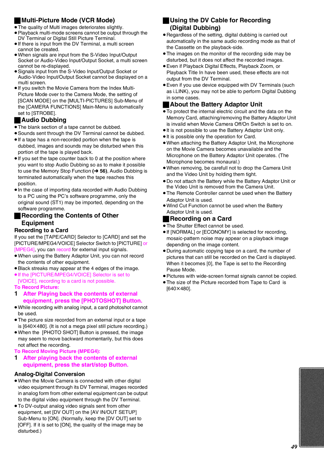 Panasonic NV-EX21EG Multi-Picture Mode VCR Mode, Audio Dubbing, Recording the Contents of Other Equipment 