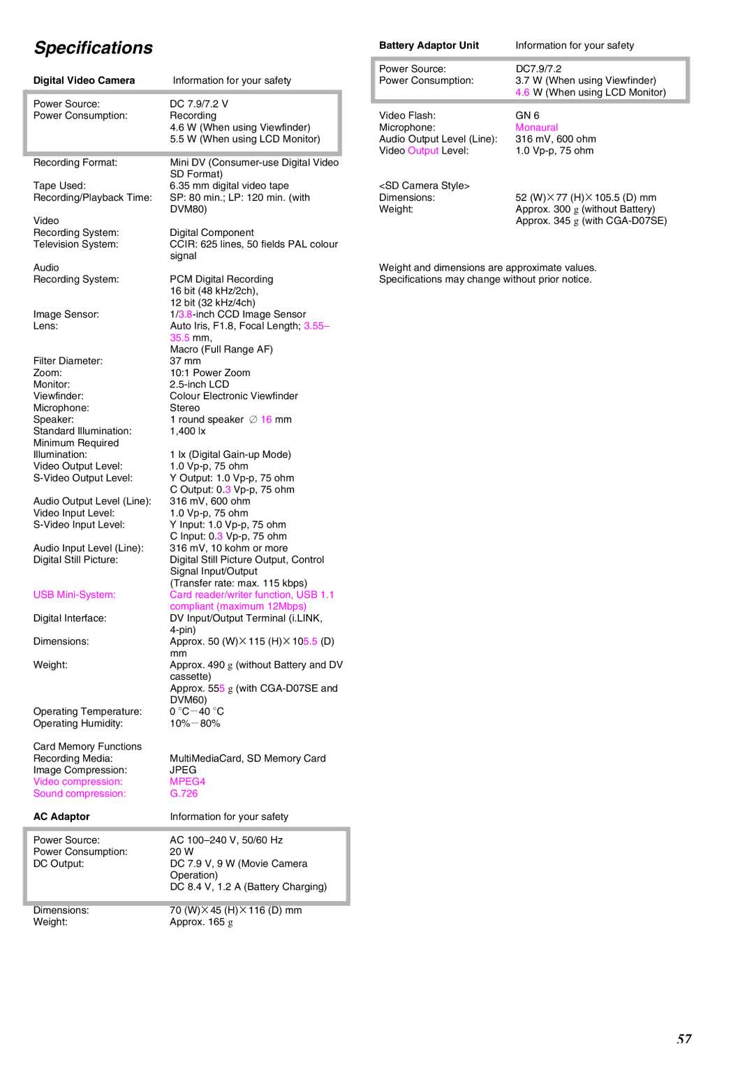 Panasonic NV-EX21EG operating instructions Specifications, Digital Video Camera 