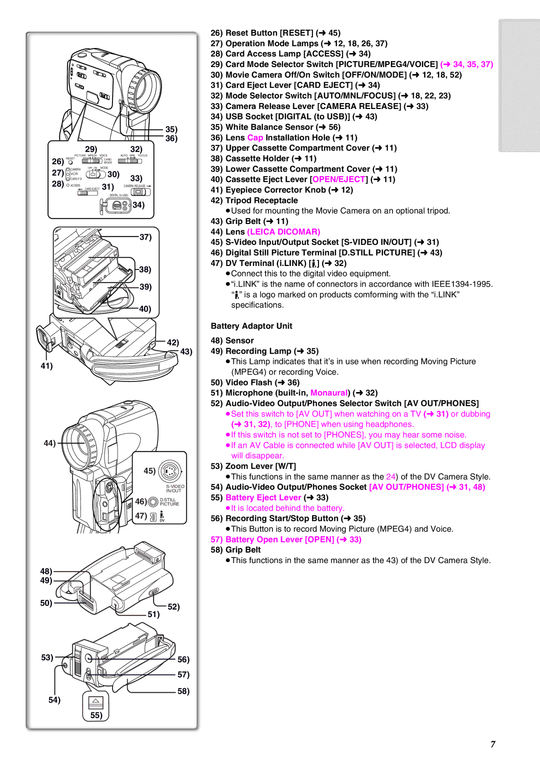 Panasonic NV-EX21EG Cassette Holder l11, Lower Cassette Compartment Cover l11, Cassette Eject Lever OPEN/EJECT l11, Sensor 