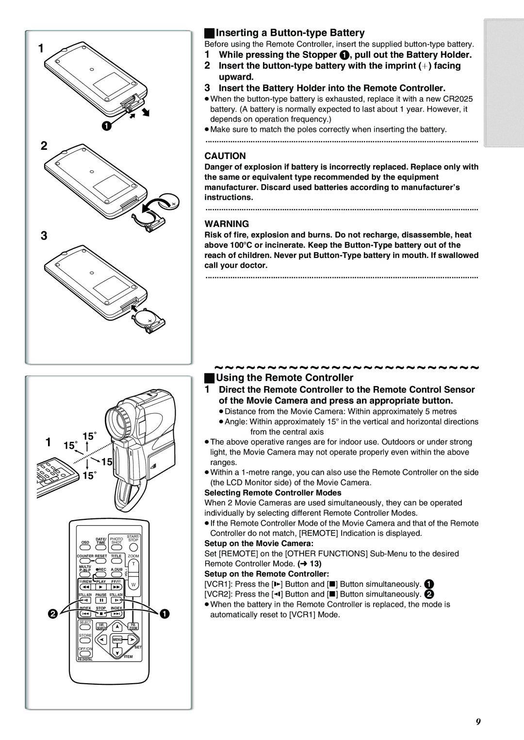 Panasonic NV-EX21EG operating instructions Inserting a Button-type Battery, 15˚ 15˚, Using the Remote Controller 