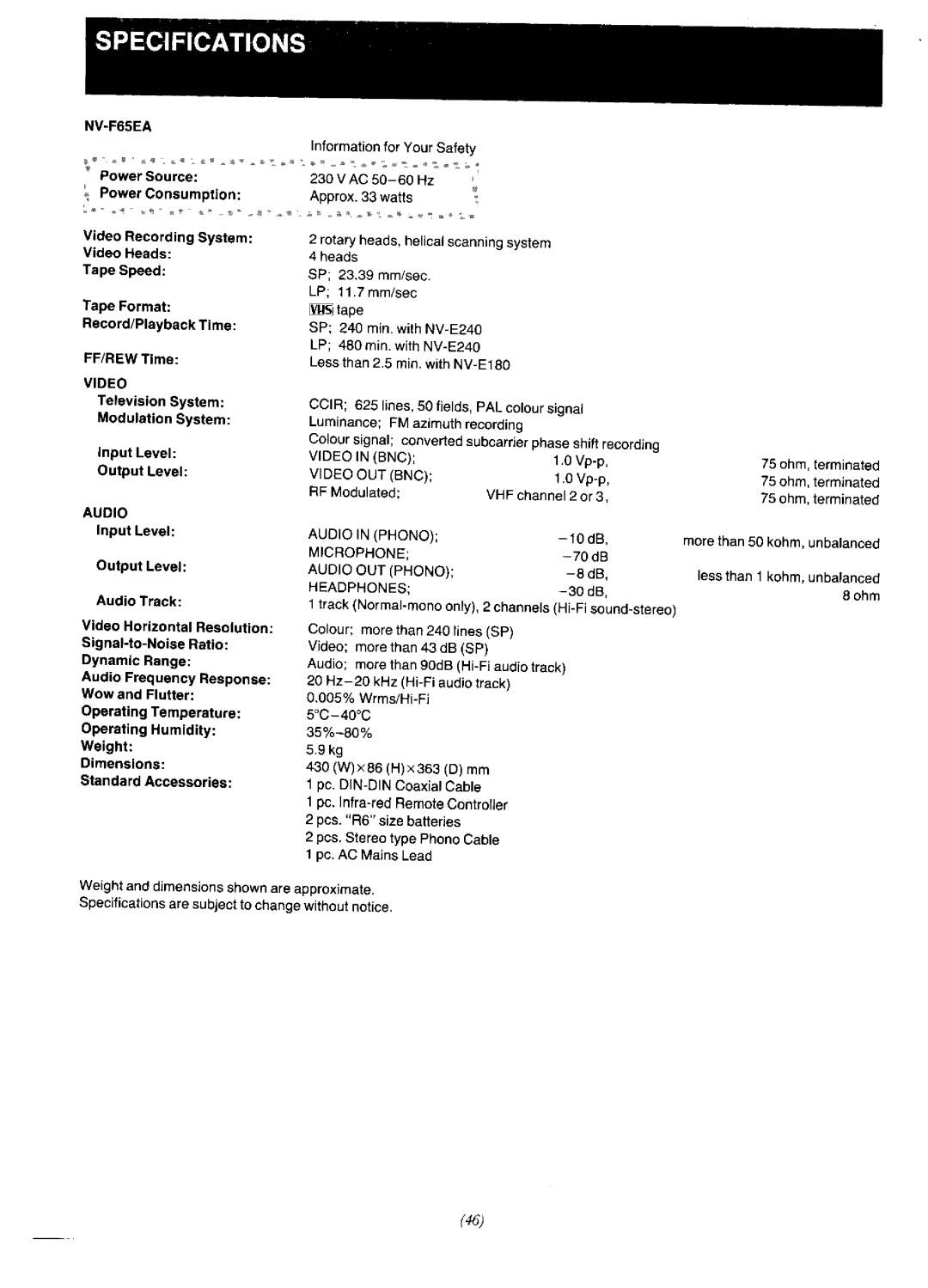 Panasonic NV-F65EA manual 