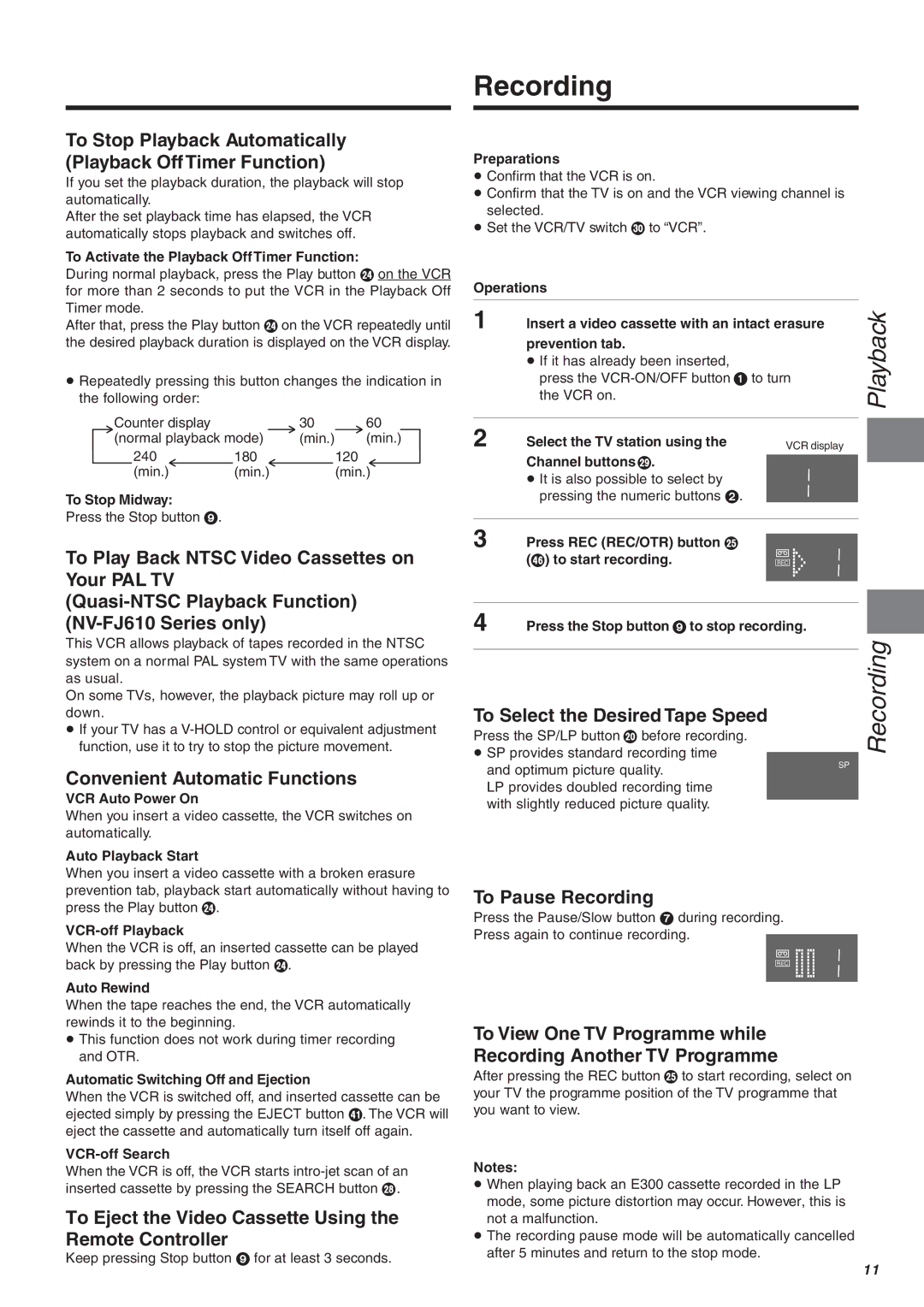 Panasonic NV-FJ610, NV-FJ606, NV-FJ604 manual Recording 