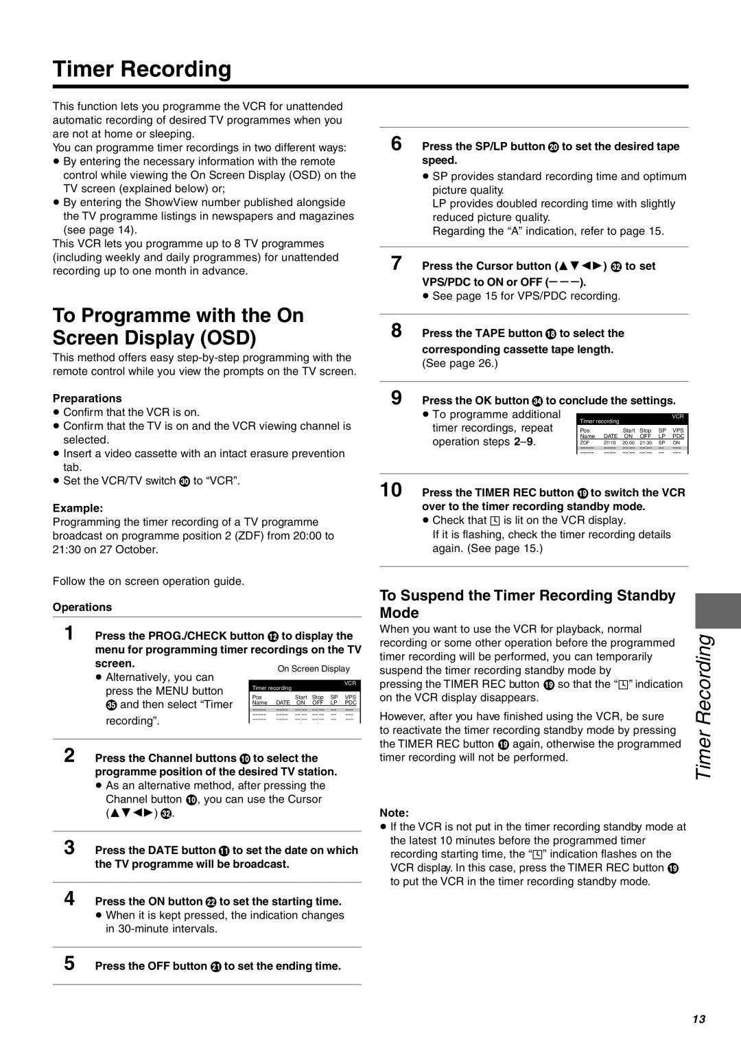 Panasonic NV-FJ604, NV-FJ606, NV-FJ610 manual Timer Recording, To Programme with the On Screen Display OSD 