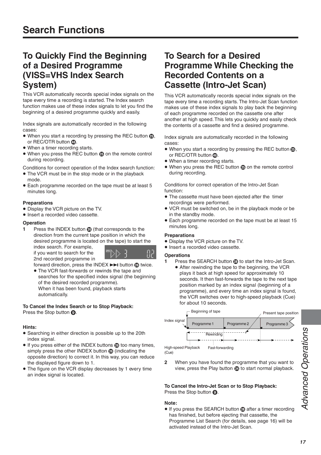 Panasonic NV-FJ610, NV-FJ606, NV-FJ604 manual Search Functions, Operation, To Cancel the Index Search or to Stop Playback 