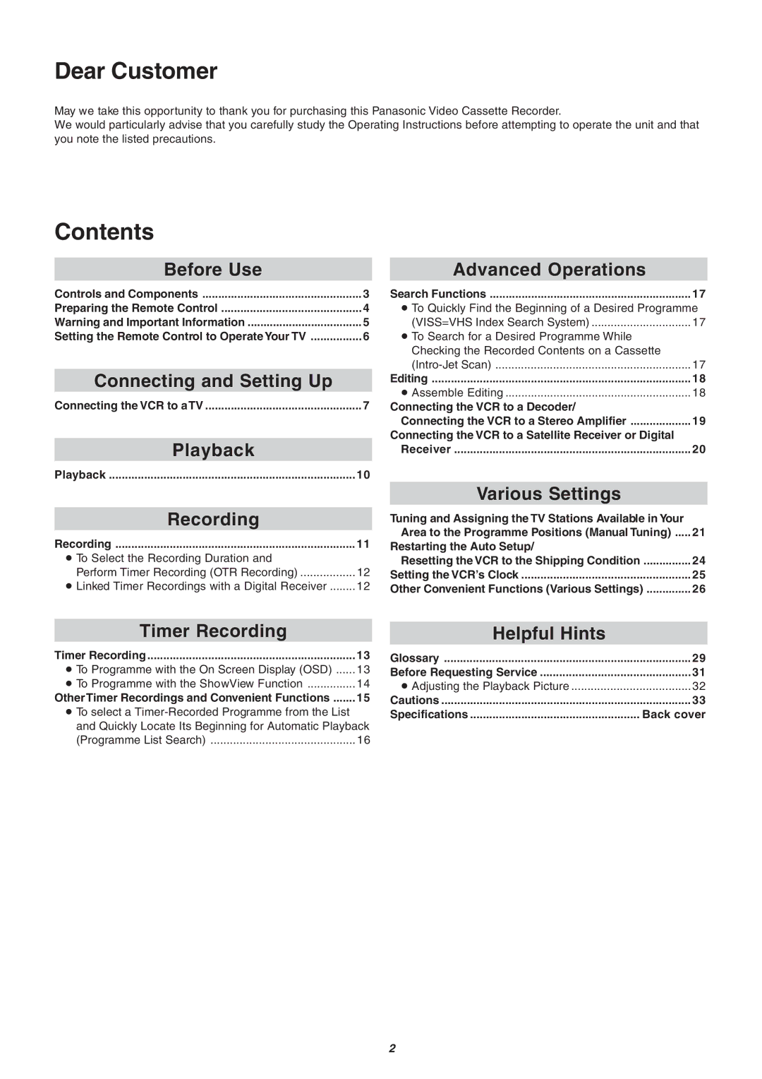 Panasonic NV-FJ610, NV-FJ606, NV-FJ604 manual Dear Customer, Contents 