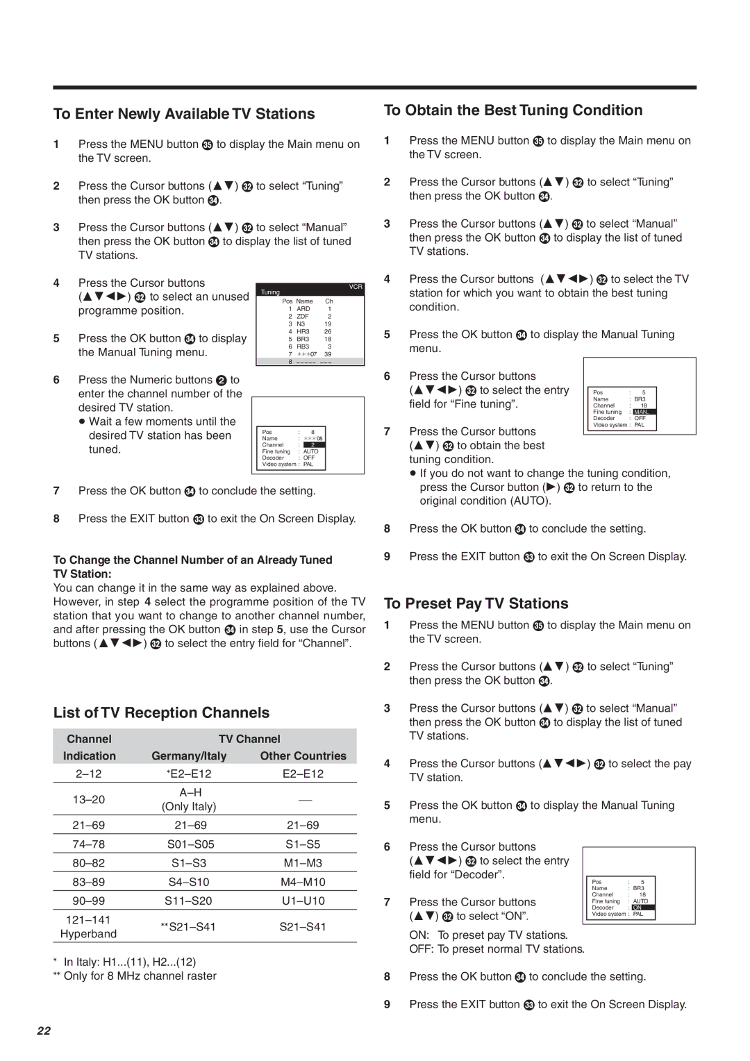 Panasonic NV-FJ604 To Enter Newly Available TV Stations, To Obtain the Best Tuning Condition, To Preset Pay TV Stations 