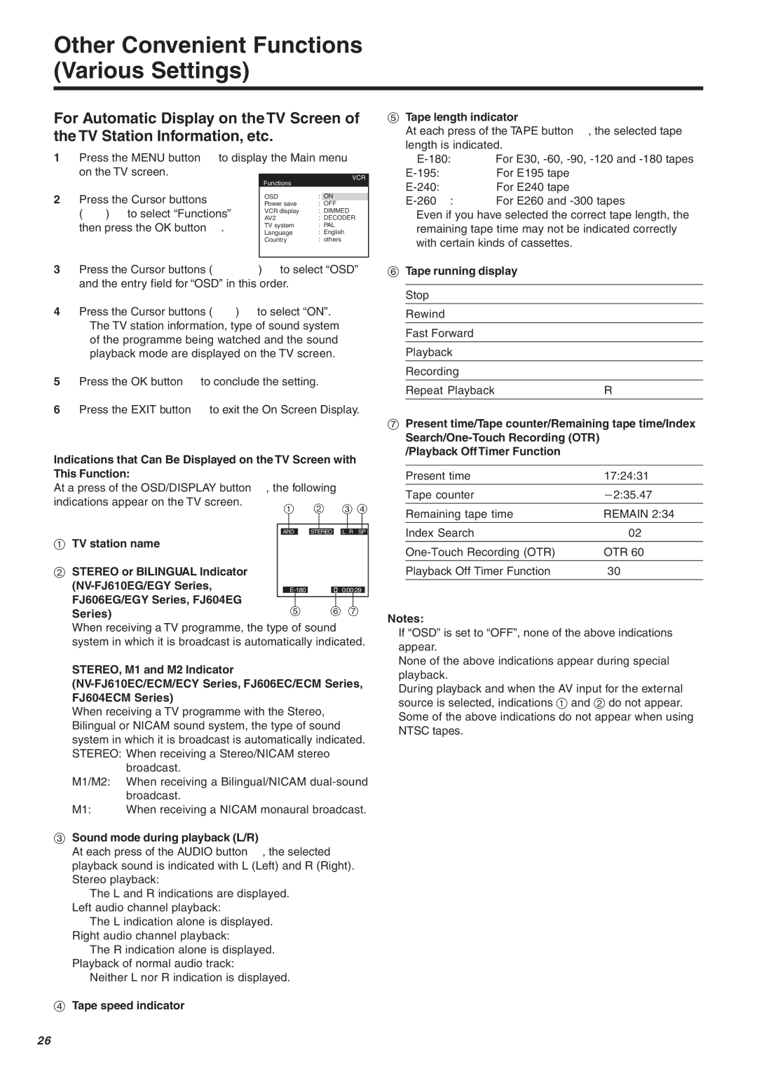 Panasonic NV-FJ610, NV-FJ606 manual Other Convenient Functions Various Settings, Tape length indicator, Tape running display 