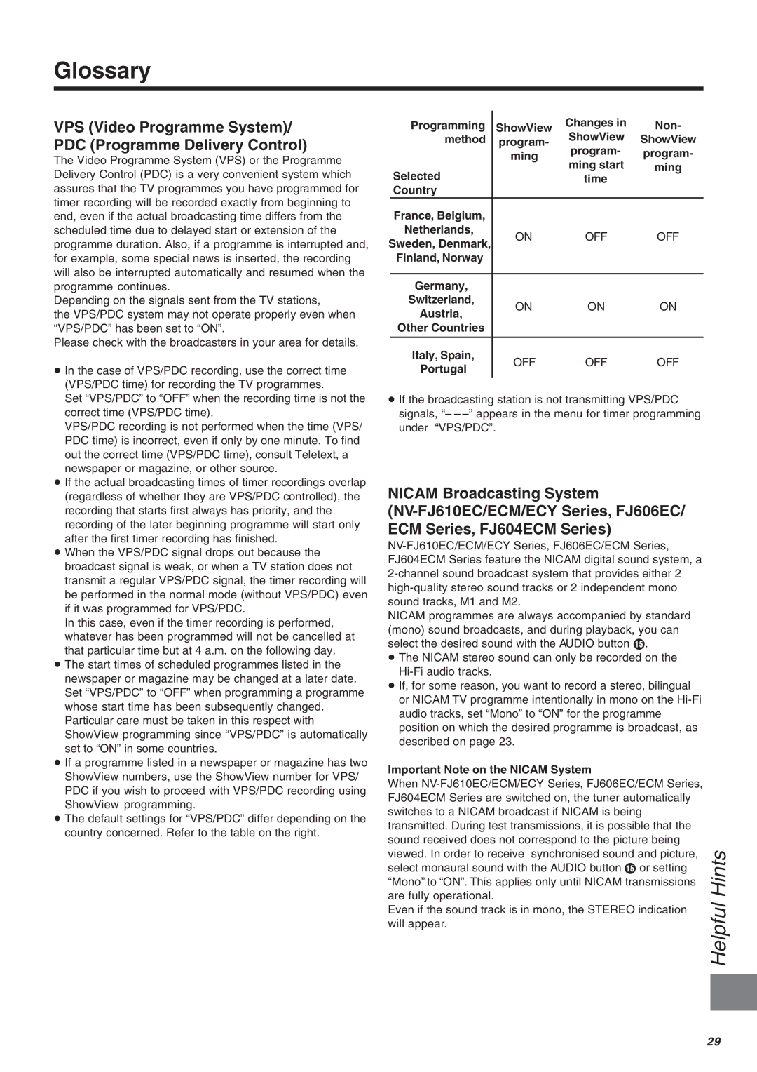 Panasonic NV-FJ610, NV-FJ606, NV-FJ604 manual Glossary, VPS Video Programme System/ PDC Programme Delivery Control 