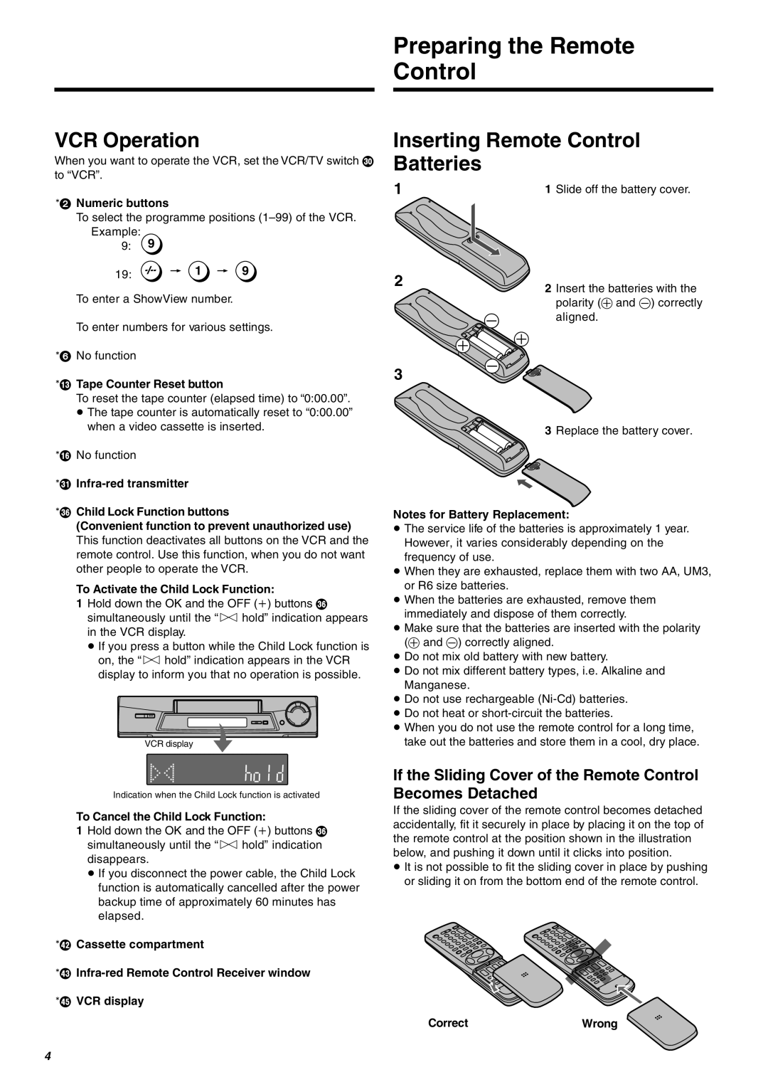 Panasonic NV-FJ604, NV-FJ606, NV-FJ610 manual Preparing the Remote Control, VCR Operation, Inserting Remote Control Batteries 