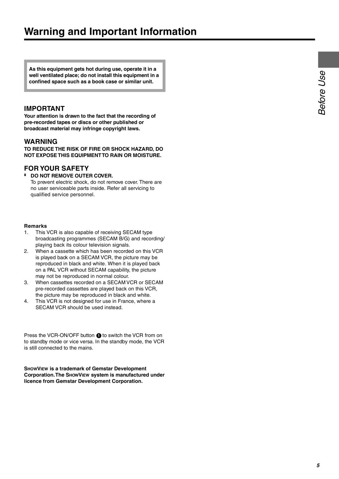 Panasonic NV-FJ610, NV-FJ606, NV-FJ604 manual Do not Remove Outer Cover, Remarks 