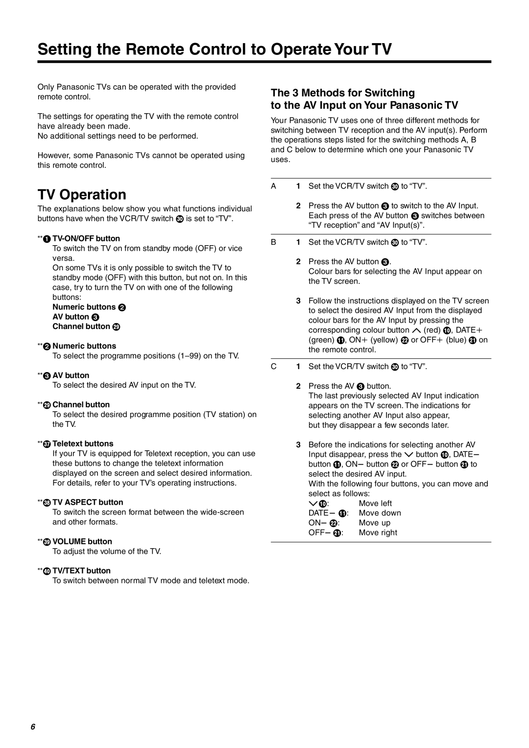 Panasonic NV-FJ606, NV-FJ604, NV-FJ610 manual Setting the Remote Control to Operate Your TV, TV Operation 