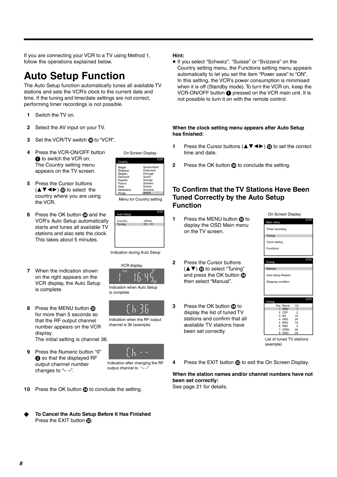 Panasonic NV-FJ610, NV-FJ606, NV-FJ604 manual Auto Setup Function, Hint 