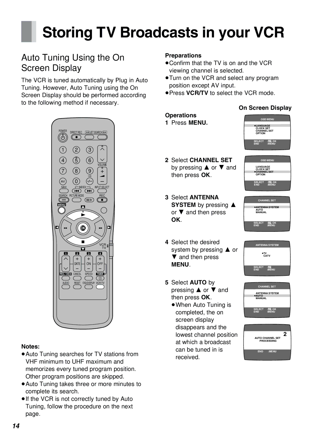 Panasonic NV-FJ610PMP manual Storing TV Broadcasts in your VCR, Preparations, On Screen Display Operations 