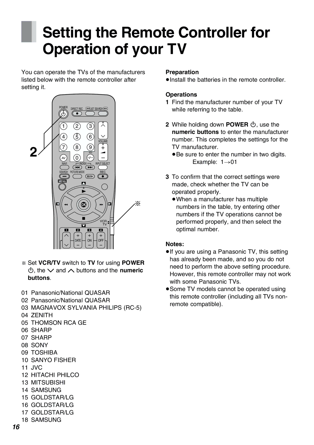 Panasonic NV-FJ610PMP manual Setting the Remote Controller for Operation of your TV, Preparation 