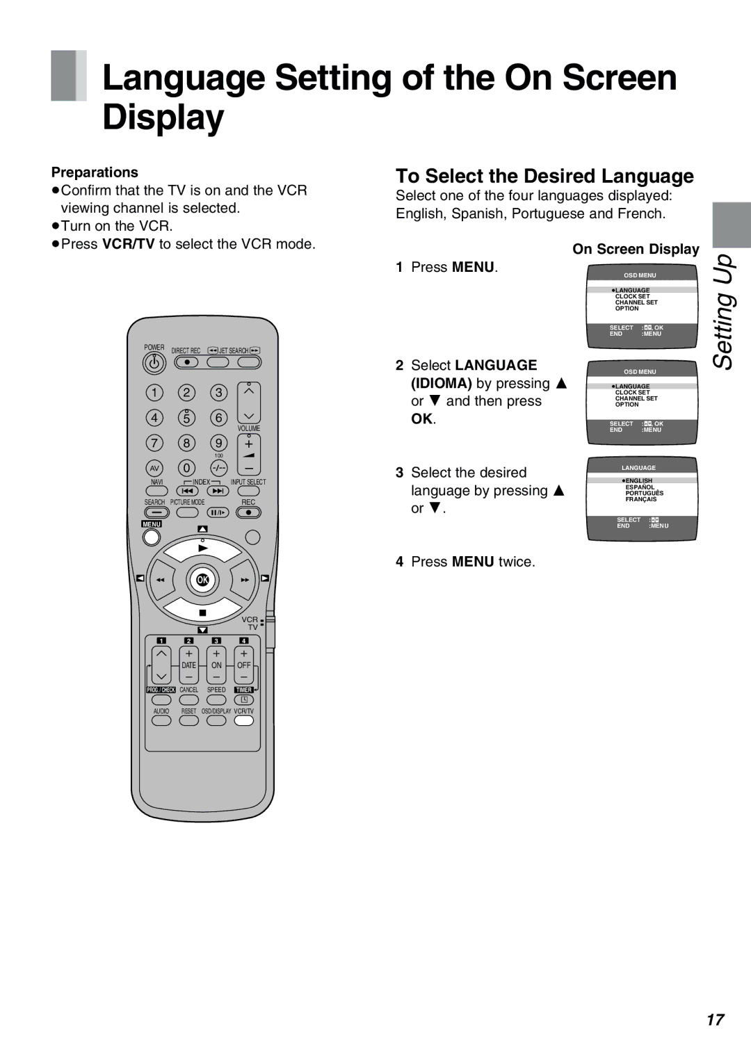 Panasonic NV-FJ610PMP manual Language Setting of the On Screen Display, To Select the Desired Language 