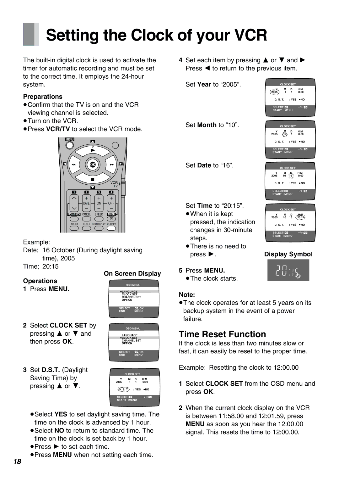 Panasonic NV-FJ610PMP manual Setting the Clock of your VCR, Time Reset Function 