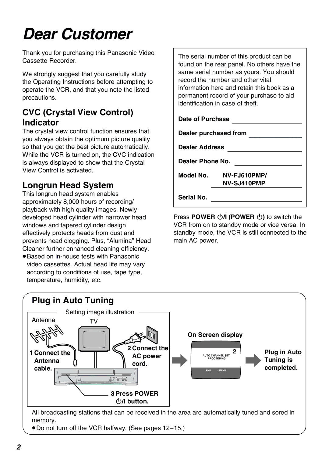 Panasonic NV-FJ610PMP manual CVC Crystal View Control Indicator, Longrun Head System, Plug in Auto Tuning, NV-SJ410PMP 