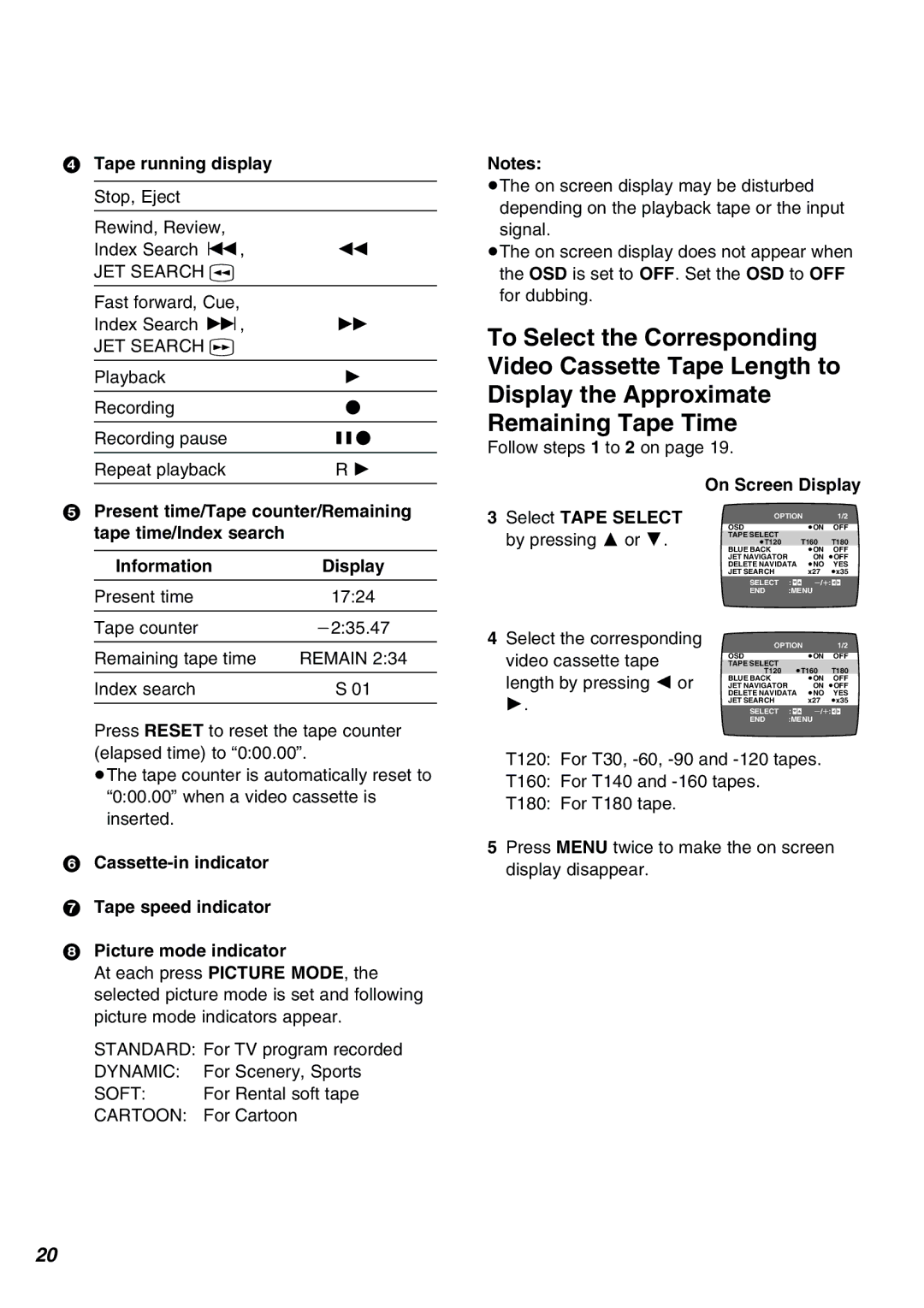 Panasonic NV-FJ610PMP manual Tape running display Stop, Eject, Information, On Screen Display Select Tape Select 