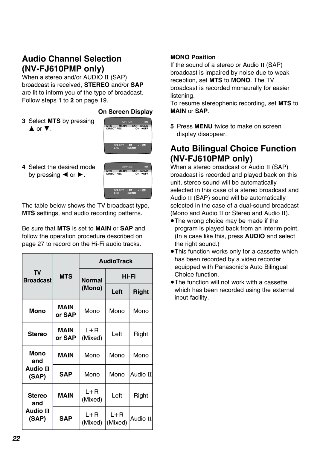 Panasonic manual Audio Channel Selection NV-FJ610PMP only, Auto Bilingual Choice Function NV-FJ610PMP only, Sap 