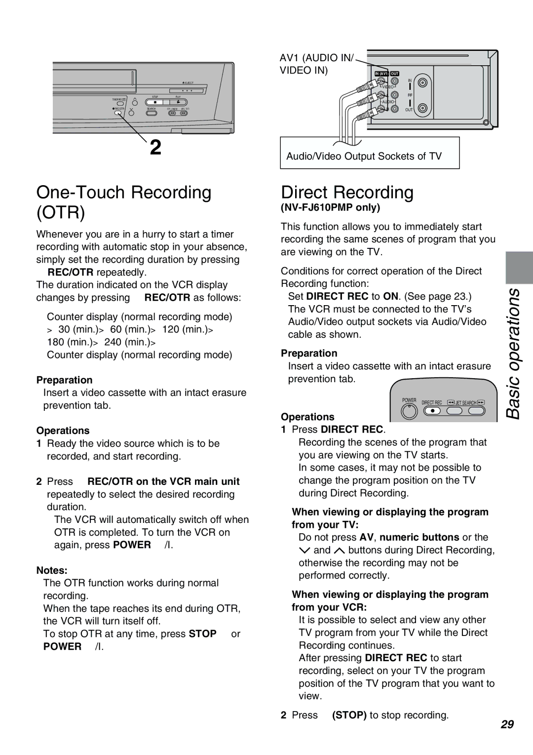 Panasonic NV-FJ610PMP manual One-Touch Recording OTR, Direct Recording, Press Direct REC 