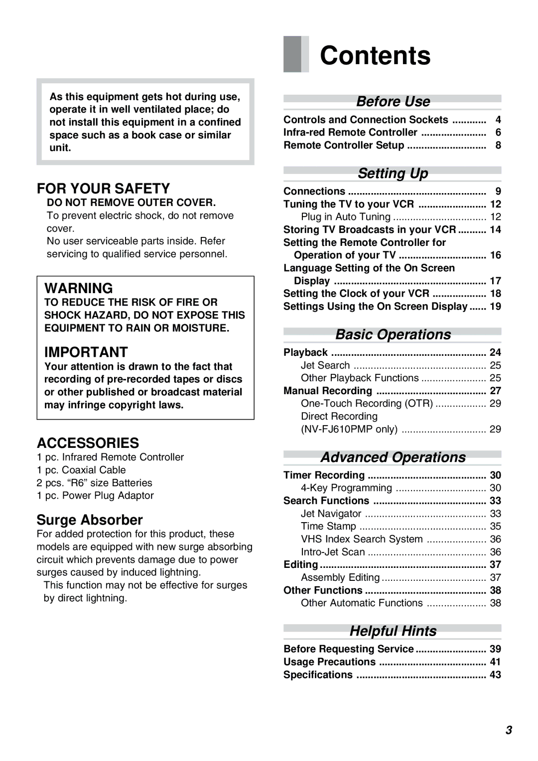 Panasonic NV-FJ610PMP manual Contents 