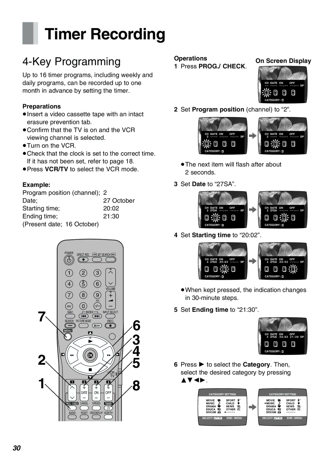 Panasonic NV-FJ610PMP manual Key Programming, Example, Press PROG./ Check, Set Starting time to 