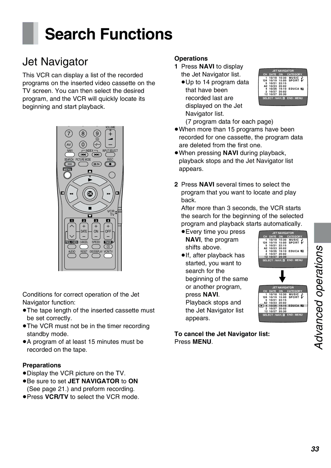 Panasonic NV-FJ610PMP manual Search Functions, To cancel the Jet Navigator list 