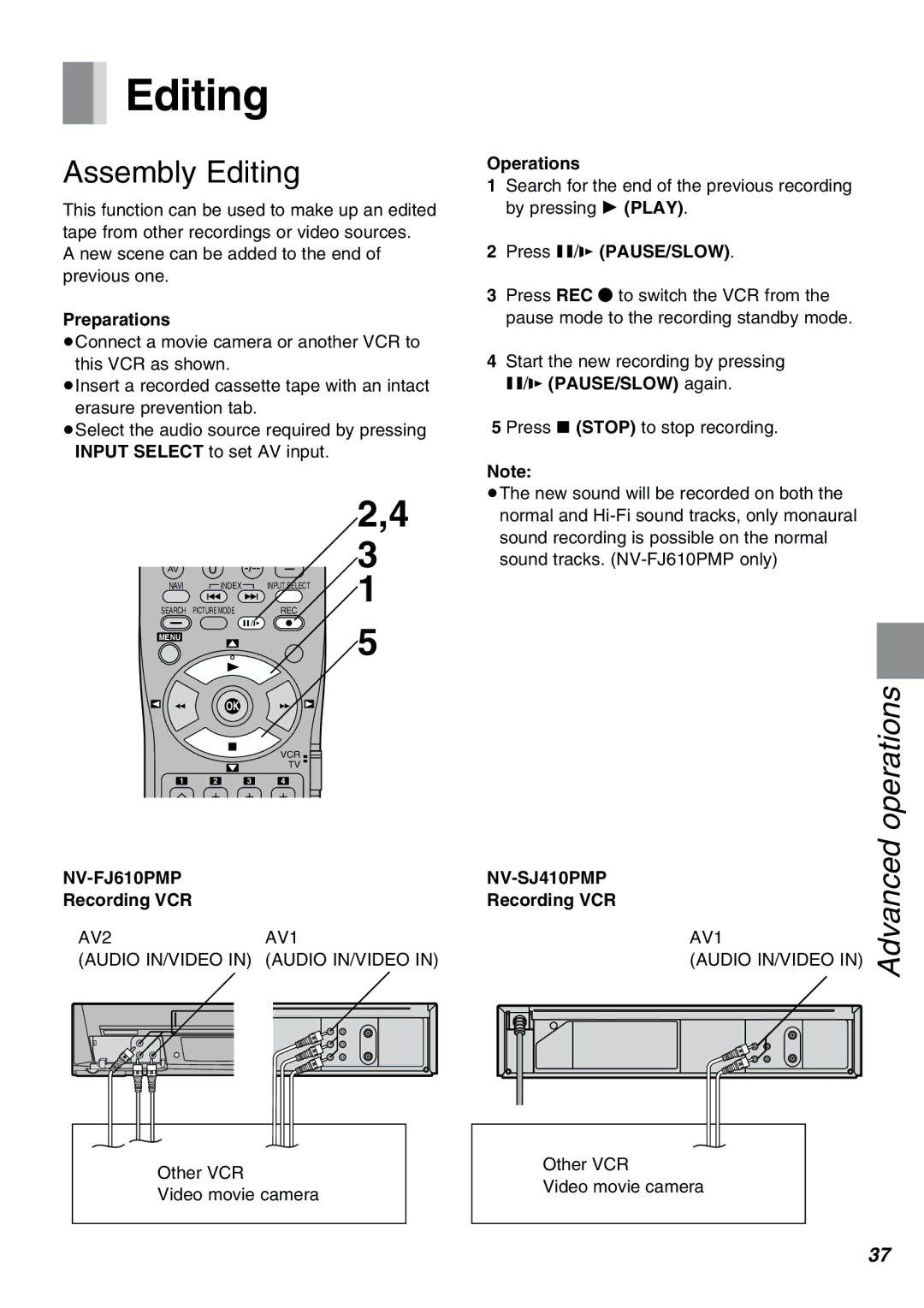 Panasonic NV-FJ610PMP manual Assembly Editing, Recording VCR, PAUSE/SLOW again, AV1 Audio IN/VIDEO 