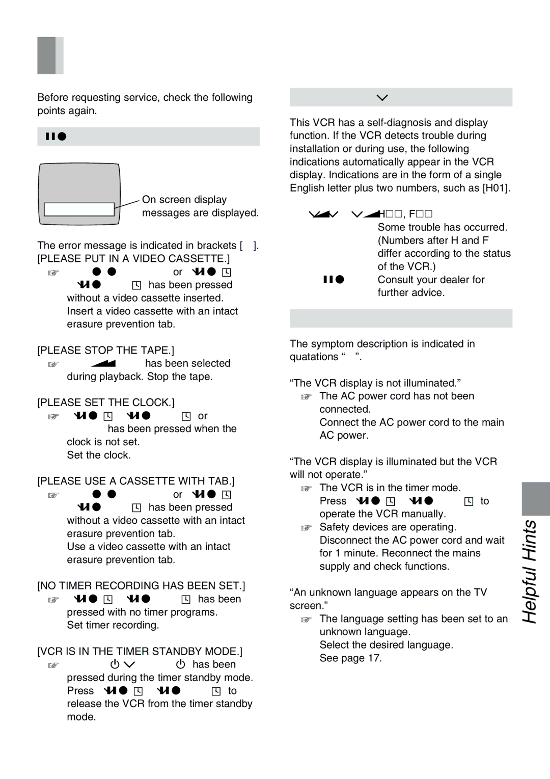 Panasonic NV-FJ610PMP manual Before Requesting Service, Message of On Screen Display, Indication H∑∑, F∑∑ 