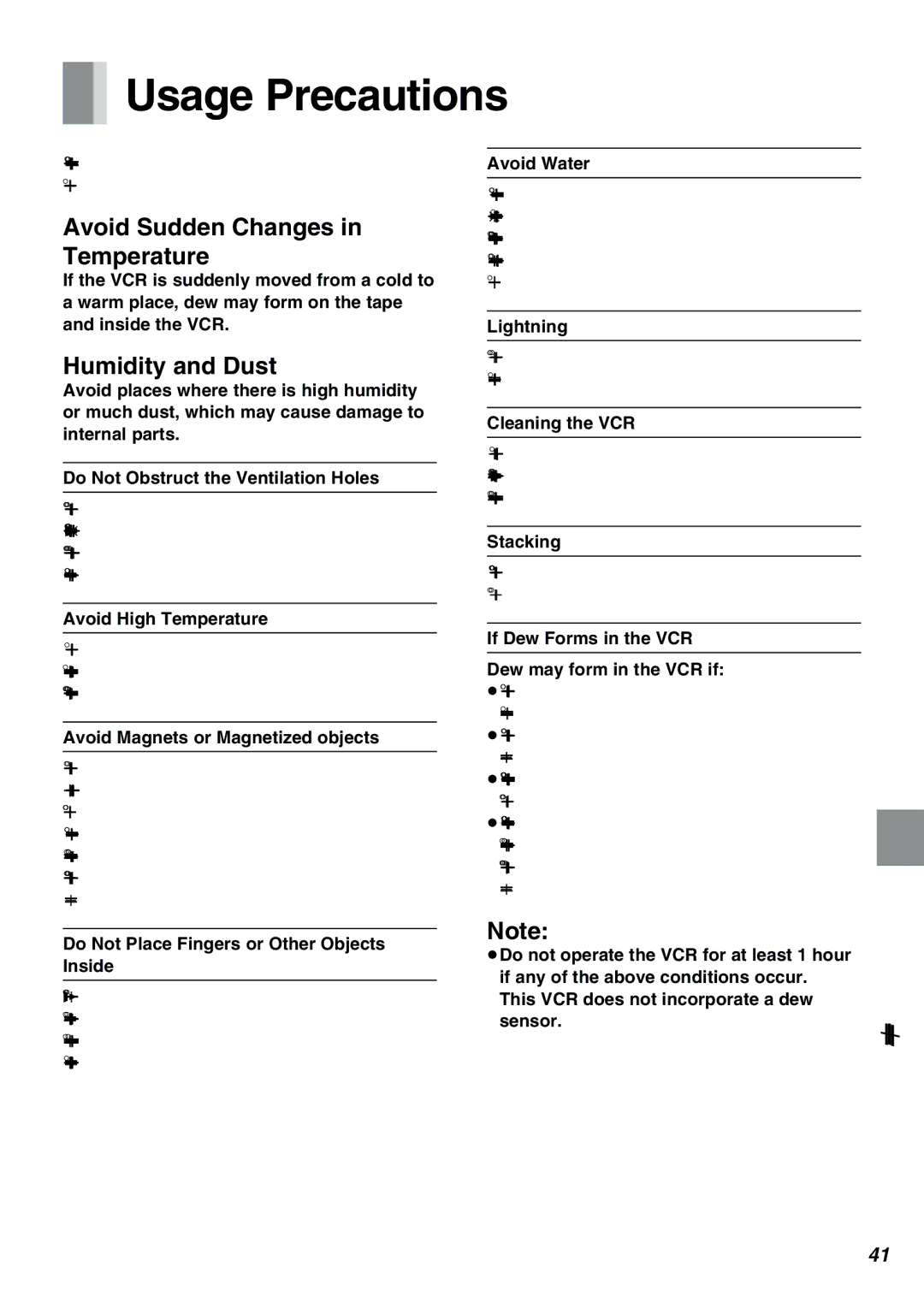 Panasonic NV-FJ610PMP manual Usage Precautions, Avoid Sudden Changes in Temperature, Humidity and Dust 